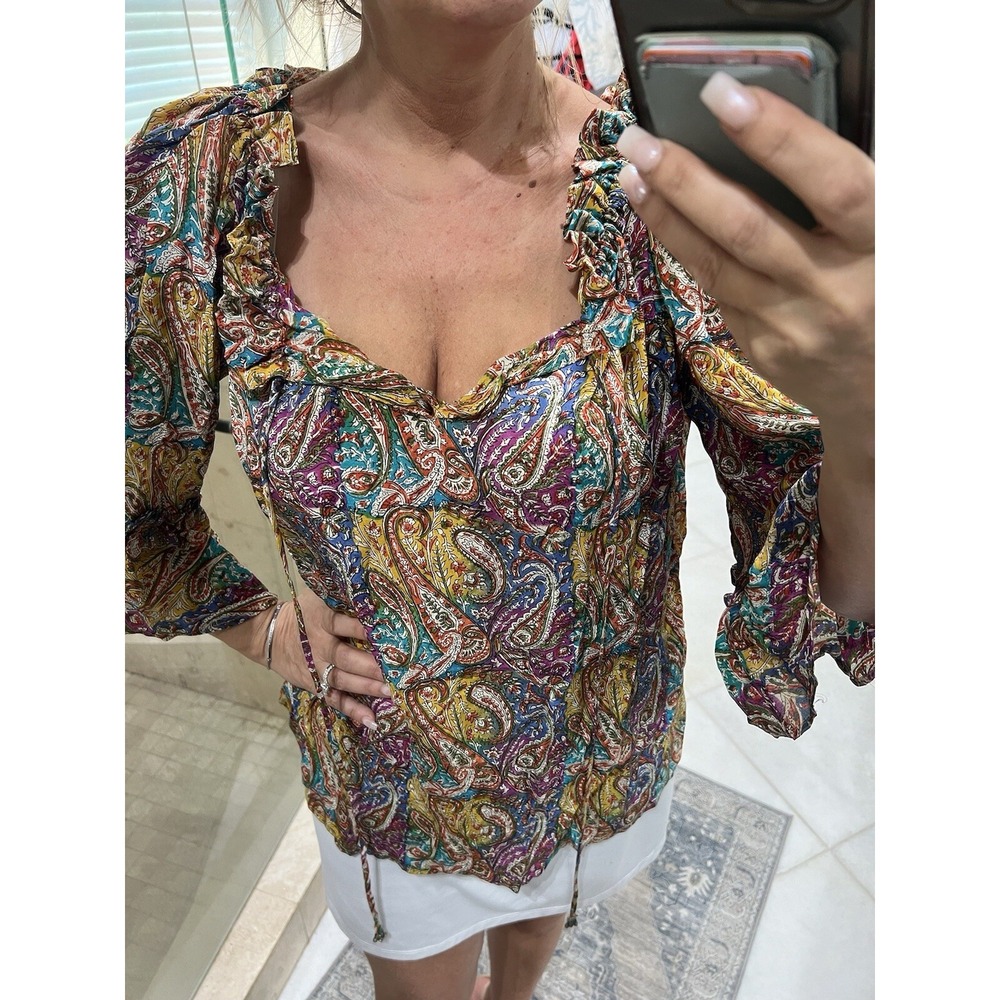 Tolani Silk Tunic Blouse M Multicolor Paisley V-Neck 3/4 Balloon Sleeve Top
